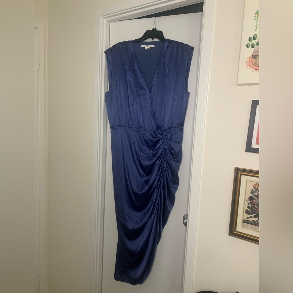 Veronica Beard Blue Satin Asymmetrical Ruched Dress Flawed - Picture 5 of 12